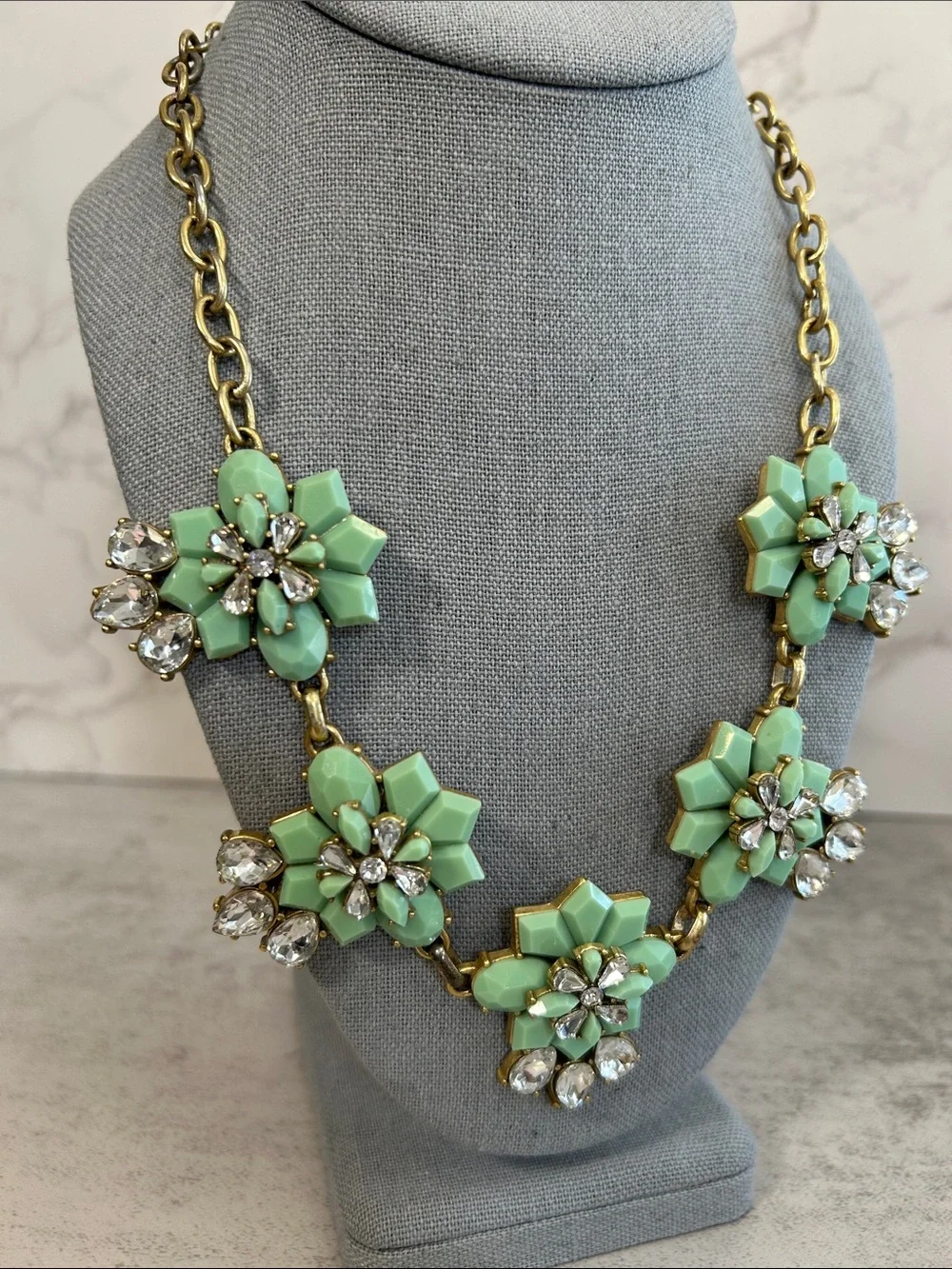 J. Crew Mint Green and Gold Floral Statement Necklace